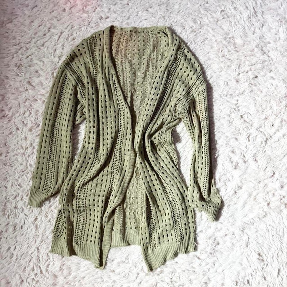 Open Knit Crotchet Earthy Granola Minimalist Boho Soft Long Cardigan Womens M